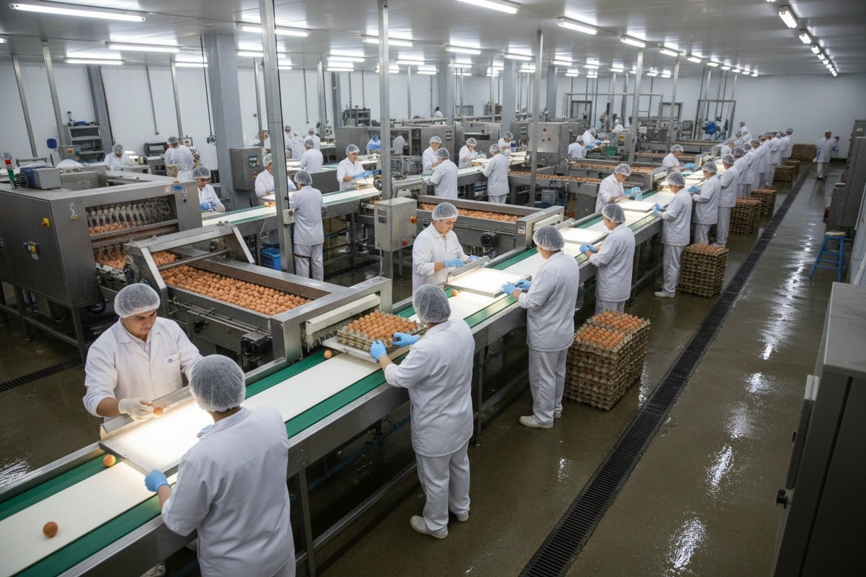 Workers in white coats and hairnets sort and pack eggs along multiple conveyor belts in a large, brightly lit processing facility.